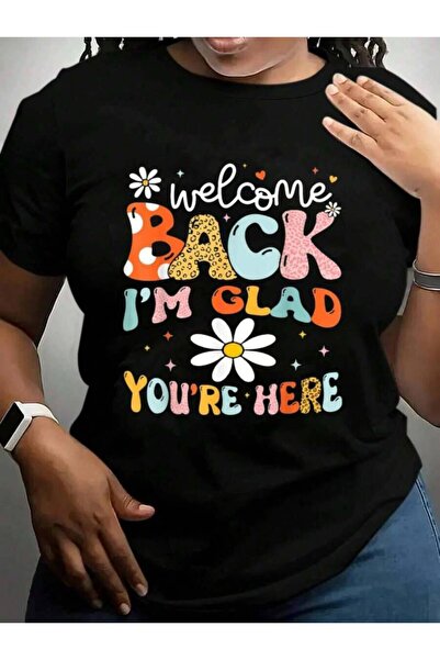 kai22 تي شيرت بطباعة جرافيكية باللون الأسود بعبارة "I'm Glad You're Here Back...