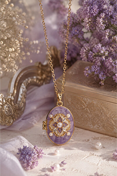 Sylvera Shop Secret Bloom Purple Covered Medallion Steel Necklace (Gold Color)