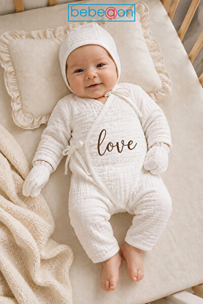 bebeqon 3 Piece 100% Cotton Muslin Ecru Love Printed Double Breasted Hospital...