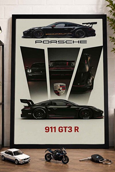 dudekohome Porsche 911 GT3 R Siyah Süper Spor Araba Siyah Çerçeveli Poster Ta...