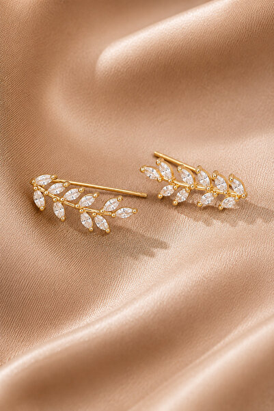 TREND COLLECTİON Altın Renk Zirkon Taşlı Yaprak Model Ear Cuff Küpe