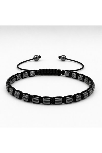 Femenino Men's Black Hematite Striped Natural Stone Macrame Knitted Adjustabl...
