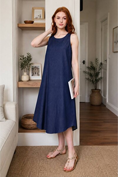 ÖNE BUTİK Women's Summer Viscose Midi Length Sleeveless Dress Li̇kapa