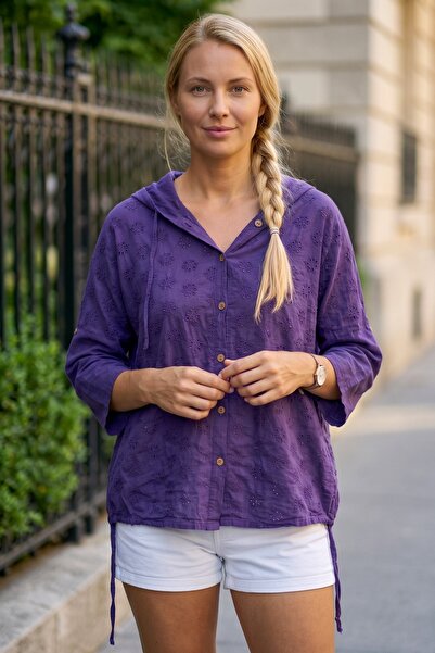 Chiccy Purple Hooded 3/4 Sleeve Buttoned Side Tie Embroidered Cotton Woven Ja...