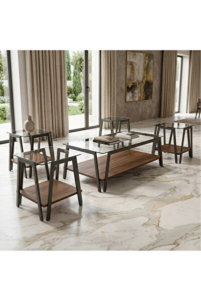 Al Hadaya Mall Modern Design Wood Glass Coffee Table Set - Brown - 5 Pieces