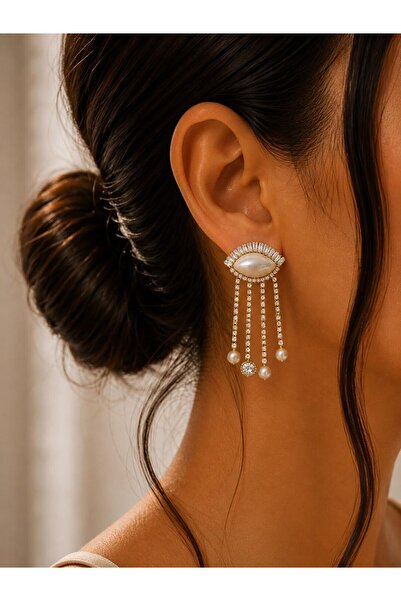 MARE BUTİK Pearl and Zircon Stone Dangle Silver Color Earrings