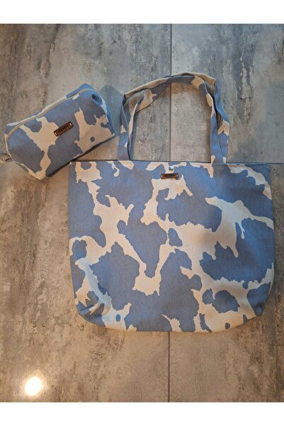 TooHot Women's Blue Patterned Beach Shoulder Bag with Makeup Bag