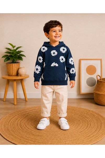 DECODASS Boys' Floral Patterned Hooded Kangaroo Pocket Long Sleeve Casual Swe...