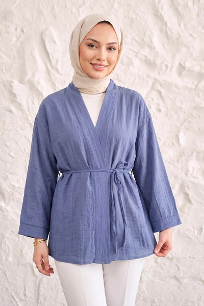Modestim Tesettür Önü Bağlamalı Kimono Tesettür Tunik İndigo Oversize Yeni Se...