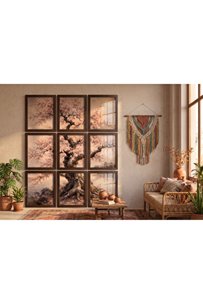 Bourdua Design Sakura 9 Parçalı A3+ Duvar Tablo Seti | Koyu Antik Ceviz Doğal...