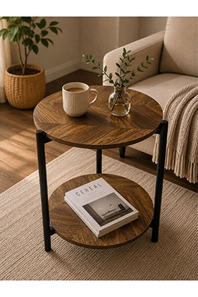 Generic Modern Design Two-Tier Round Side Service Table with Brown Fishbone W...