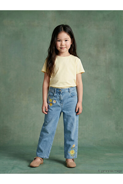 LC Waikiki Nevavm Straight Fit Floral Embroidered Girls' Jean Pants with a Di...