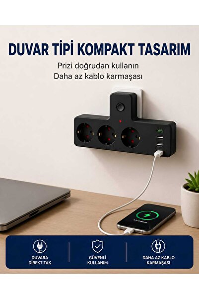 Genel Markalar 3’lü Topraklı Duvar Tipi Çoklayıcı Priz 2500W – 3 USB-A + 1 US...