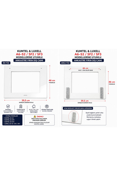Baytech Kumtel & Luxell A6-S2 / SF2 / SF3 Uyumlu Ankastre Fırın Dış Camı – Beyaz