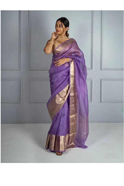 MYSMAR Light Purple Kora Organza Jacquard Saree with Gold Zari Border - FFT46...