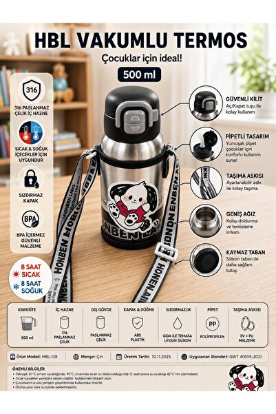 HTC AKSESUAR 550 ML Sevimli Köpek Desenli Çocuk Termos Suluk – 316 Çelik – Pi...