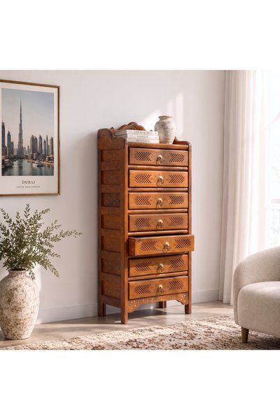 Al Athar Arts Elegant Honey Finish Solid Sheesham Wood Drawer Cabinet{width 37 x depth 23 x height 85 cm}