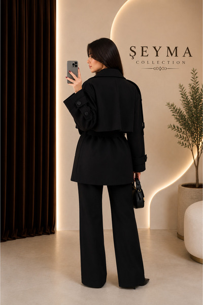 sira butik Kısa Kaşe Kaban Kuşaklı Kolları Apolet Detaylı Premium Kaşe Kaban