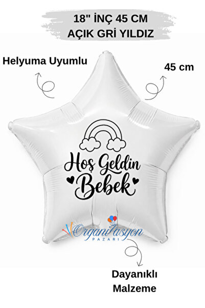 Organizasyon Pazarı 18 Inch Light Gray Star Foil Balloon |   Welcome Baby Rai...