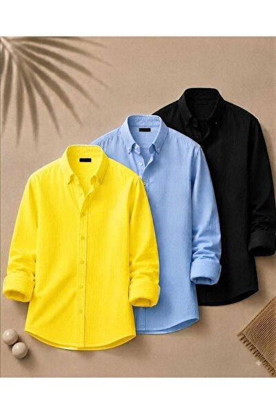 blackbonds Men's Yellow Blue Black 3-Pack Easy-Iron 100% Cotton Linen Look Br...