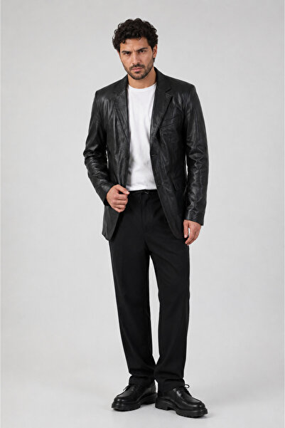 The Leather Craft Hakiki Deri Erkek Blazer Ceket Siyah Klasik Çentik Yaka Şık...