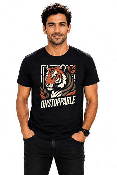 ETİFA Unstoppable Tiger Printed Black Unisex T-Shirt 100% Cotton Premium T-Shirt