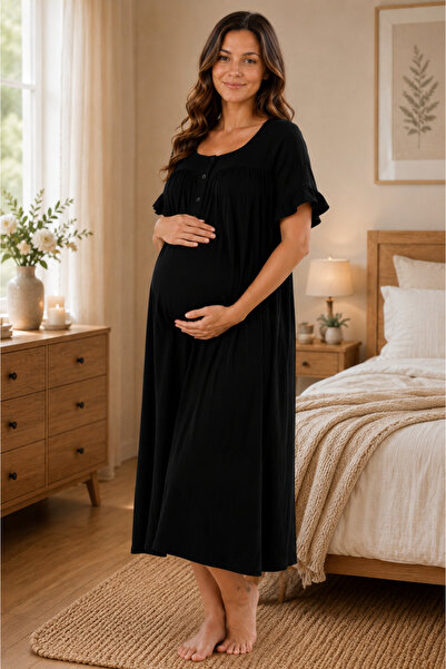by İGP Muslin Fabric Maternity Short Sleeve Nightgown with Breastfeeding Feat...