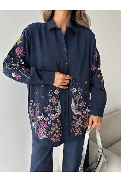 MİA NOURA Women's Oversize Shirt with Beading on Front, Back and Sleeves