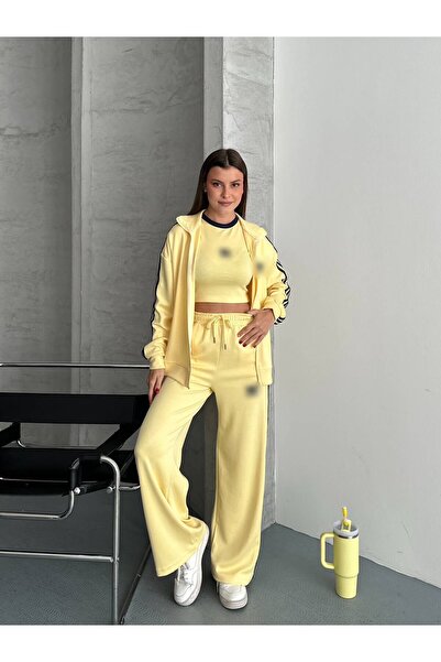 mylunessa Women's New Season 3-Piece Crop Top, Zippered Front, Yellow Striped...