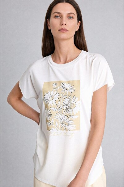 DeFacto Crew Neck Drop Shoulder Floral Short Sleeve T-Shirt H7764Ax26Au