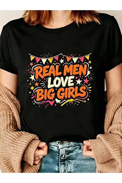 9JY Graphic Women's T-Shirt Real Men Love Big Girls Quote Design Summer Casua...