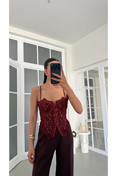 GAUS CO Mürdüm Dantelli Çıkarılabilir Askılı Korse Bluz GAUS-01860