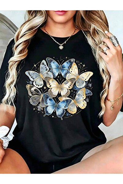 kai22 Casual Graphic Women's T-Shirt Blue And Gold Butterfly Print Summer Dai...