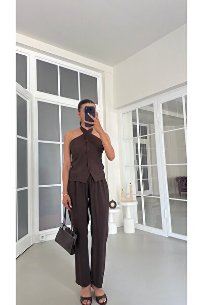 GAUS CO Acı Kahve Halter Yaka Yelek Beli Lastikli Pantolon Muadil Takım GAUS-...
