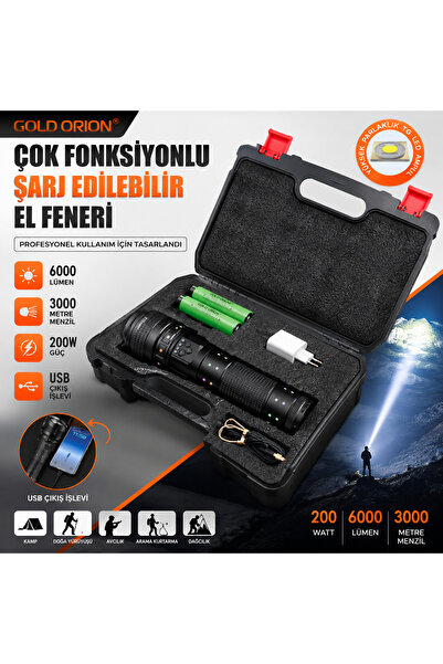 Goldorion OR-R300Y 6000 Lümen 200W Profesyonel El Feneri | 3000m Menzil, Powerbank, Zoom ve Şarj Edilebilir
