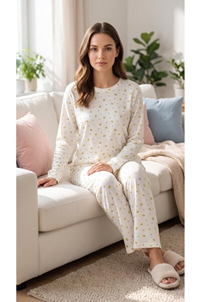 Mia Homewear KADIN BEYAZ LİMON DESENLİ UZUN KOLLU İNTERLOK KUMAŞ PİJAM TAKIMI.