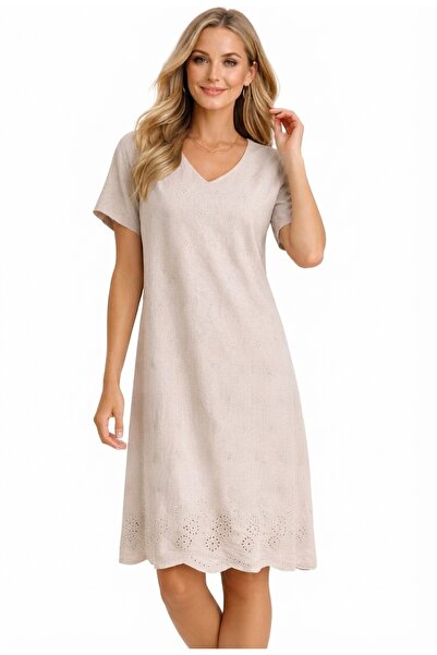 Duss 100% Cotton Embroidery Detailed V-Neck Casual Dress 1210