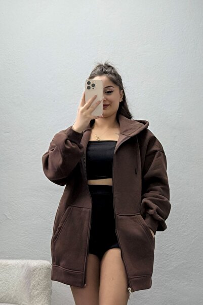 Kadın 3 İplik Kompakt Oversize Sweat Kahve