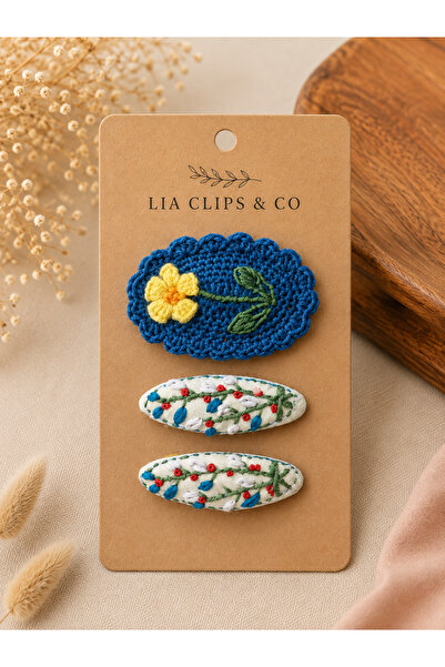 LİA CLİPS CO Handmade Floral Embroidered Children's Hair Clips Set of 3