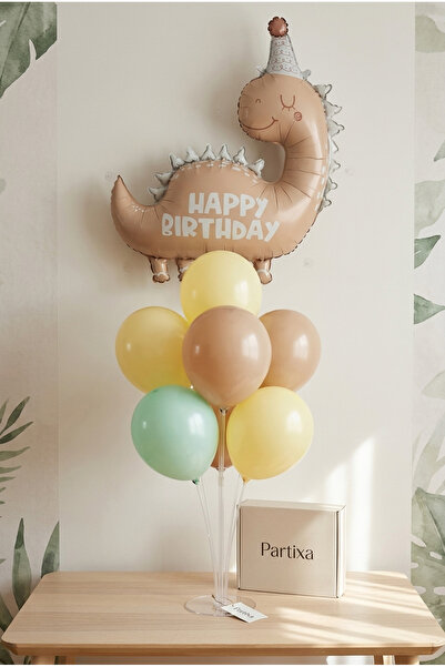Partixa Happy Birthday Retro Light Brown Dinosaur Balloon Stand Set |   Transparent 7-Piece Stand + Dinosaur Foil Balloon 80×77 cm + 7 Latex Balloons