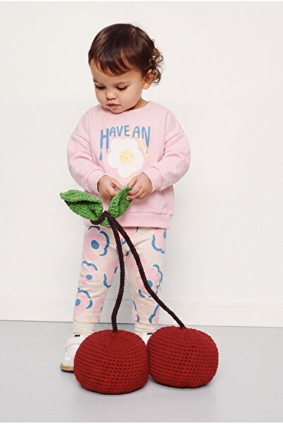 Magu Girl's Cotton Floral Printed Pink Sweatshirt and Patterned Sweatpants Set