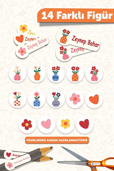 MSticker 190 Adet Kişiye Özel Okul Etiketi İsimli Kalem Defter Suluk Etiket Dayanıklı Etiket Vazolu Çiçek