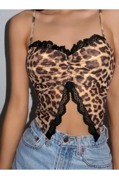 mr owl Women's Leopard Patterned Black Lace Detailed Strappy Asymmetrical Crop Top