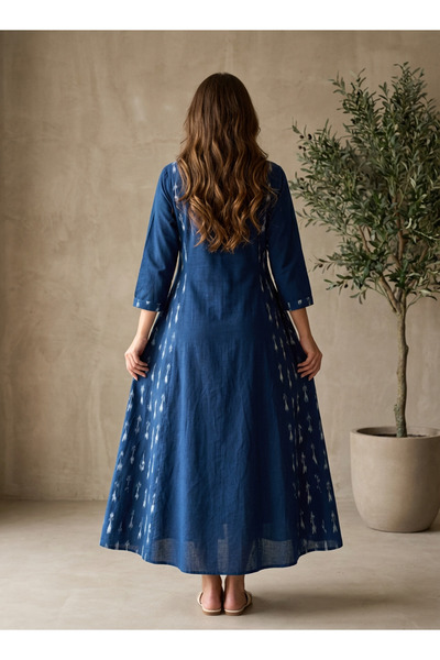 Generic Brand Rochie evazata tip camasa din bumbac ikat, albastru indigo, marime L