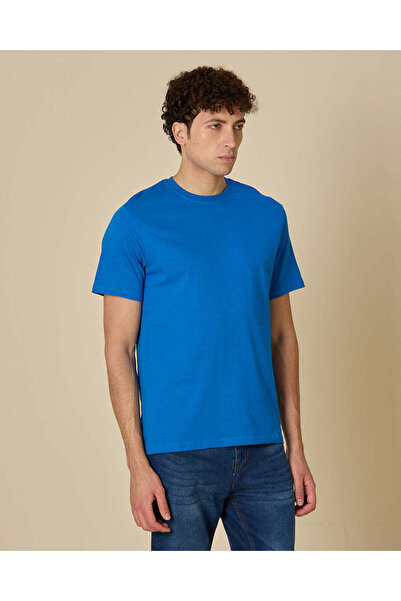 REDTAG Men Blue Plain T-Shirt