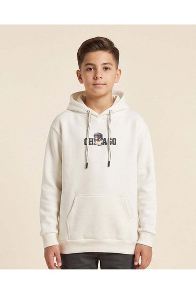 REDTAG Senior Boys White Printed Hooded Sweatshirt