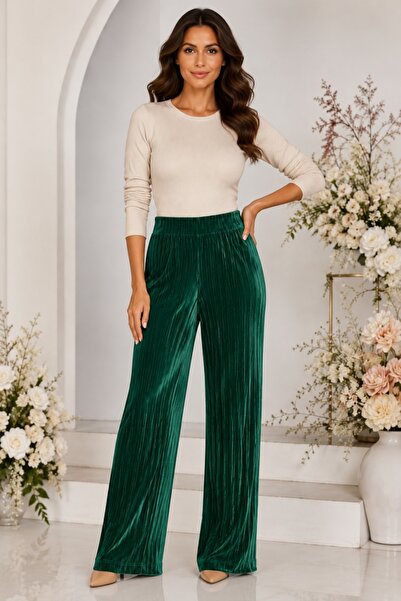 OEM Pantaloni damă din catifea plisată verde smarald – croi drept, talie elas...