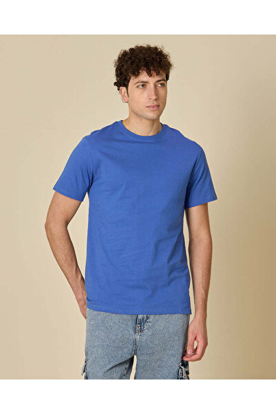 REDTAG Men Blue Plain T-Shirt