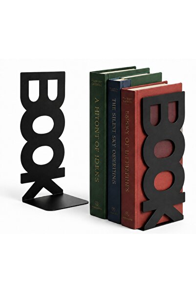 HSB BİRDAL Modern Book Yazı Desenli Metal Kitap Tutucu Seti - Masa Üstü Kitap Kaydırmaz Ayak Tutacak Seti 2 li Siyah