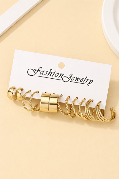 TREND COLLECTİON Women's Gold 6-Piece Earring Set – Hoop and Twist Modern Design